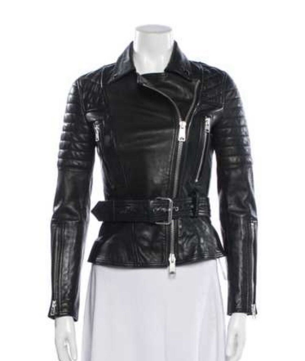 AllSaints Women’s Black Bryden Biker moto jacket Lamb Leather Sz UK 10 US 6 EU38 - Picture 2 of 8